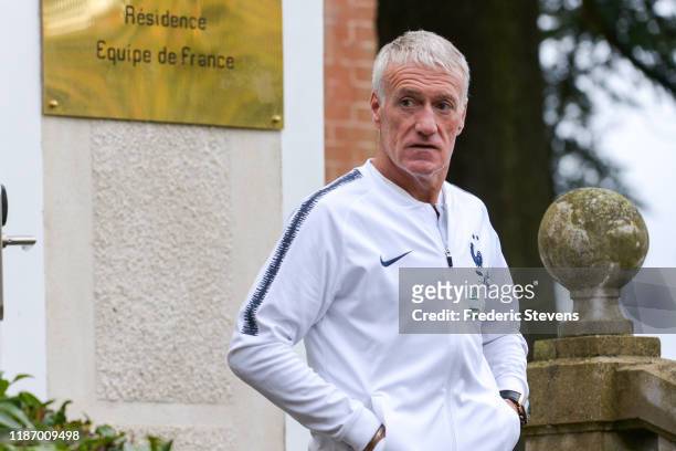 Didier Deschamps head coach of France goes a press conference before of a training session on November 11, 2019 in Clairefontaine, France. France...