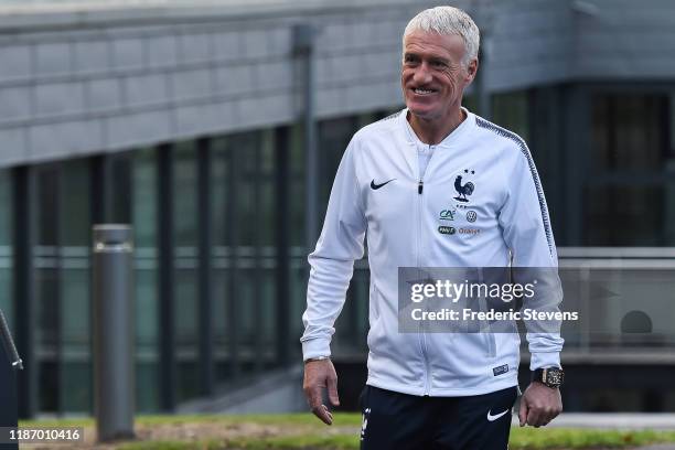 Didier Deschamps head coach of France arrives ahead of a training session on November 11, 2019 in Clairefontaine, France. France will play against...