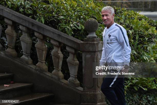 Didier Deschamps head coach of France arrives ahead of a training session on November 11, 2019 in Clairefontaine, France. France will play against...