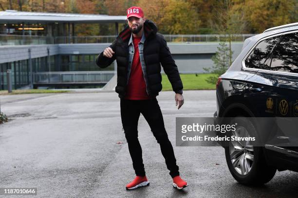 Olivier Giroud of France arrives ahead of a training session on November 11, 2019 in Clairefontaine, France. France will play against Moldova in...