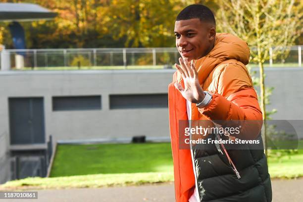 Kylian Mbappe of France arrives ahead of a training session on November 11, 2019 in Clairefontaine, France. France will play against Moldova in their...