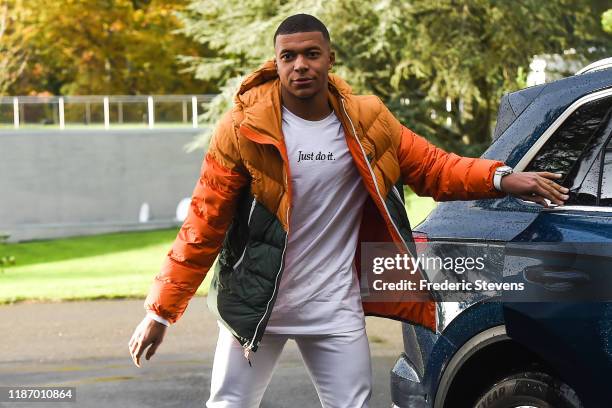 Kylian Mbappe of France arrives ahead of a training session on November 11, 2019 in Clairefontaine, France. France will play against Moldova in their...