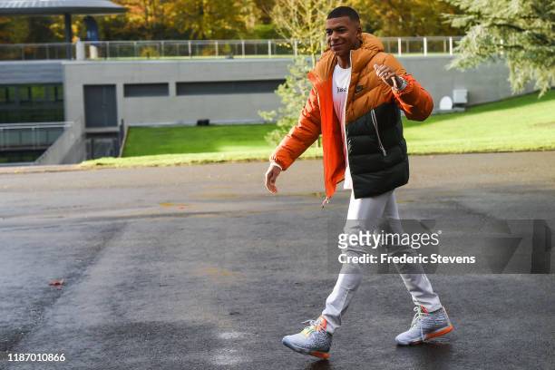Kylian Mbappe of France arrives ahead of a training session on November 11, 2019 in Clairefontaine, France. France will play against Moldova in their...