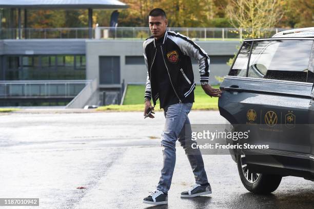 Alphonse Aerola of France arrives ahead of a training session on November 11, 2019 in Clairefontaine, France. France will play against Moldova in...