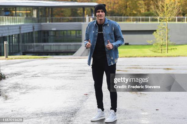 Benjamin Pavard of France arrives ahead of a training session on November 11, 2019 in Clairefontaine, France. France will play against Moldova in...
