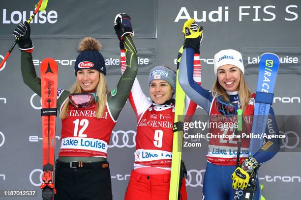 Nicole Schmidhofer of Austria takes 1st place, Mikaela Shiffrin of USA takes 2nd place, Francesca Marsaglia of Italy takes 3rd place during the Audi...