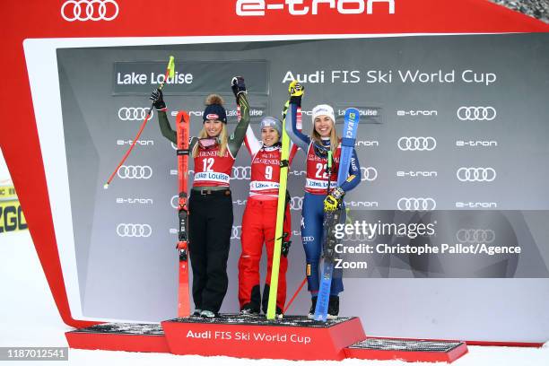 Nicole Schmidhofer of Austria takes 1st place, Mikaela Shiffrin of USA takes 2nd place, Francesca Marsaglia of Italy takes 3rd place during the Audi...