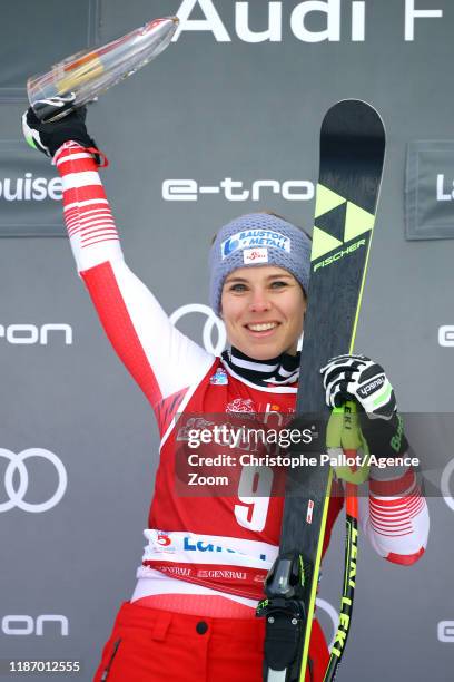 Nicole Schmidhofer of Austria takes 1st place during the Audi FIS Alpine Ski World Cup Women's Downhill on December 7, 2019 in Lake Louise Canada.