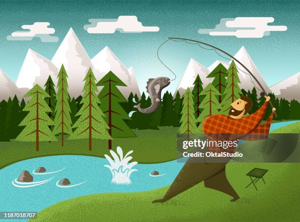 fisherman by the river - hunting sport stock-grafiken, -clipart, -cartoons und -symbole