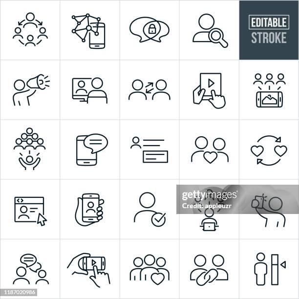 social networking thin line icons - editable stroke - tablet benutzen stock-grafiken, -clipart, -cartoons und -symbole