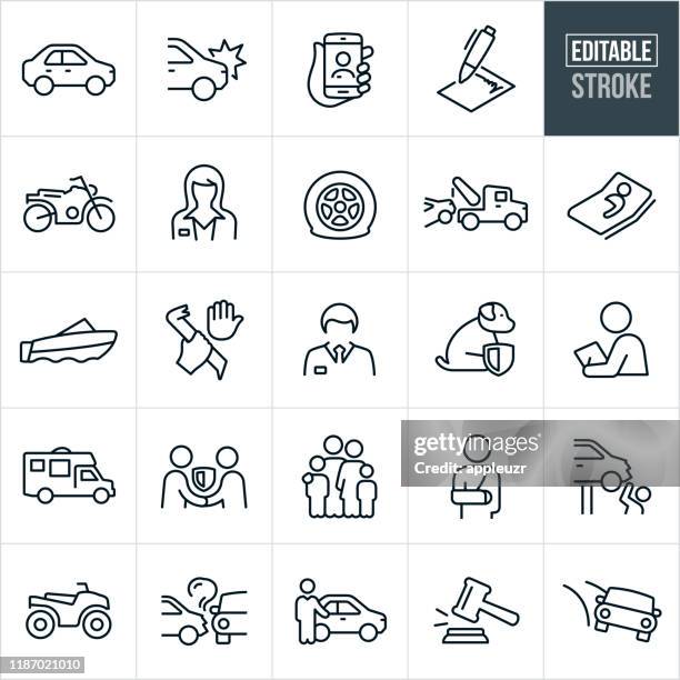 stockillustraties, clipart, cartoons en iconen met auto verzekering dunne lijn icons-ediatable beroerte - autoverzekering