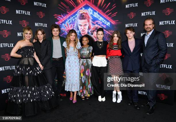 Cara Buono, Maya Hawke, Joe Keery, Millie Bobbie Brown, Priah Ferguson, Carmen Cuba, Natalia Dyer, Charlie Heaton and David Harbour attend a...