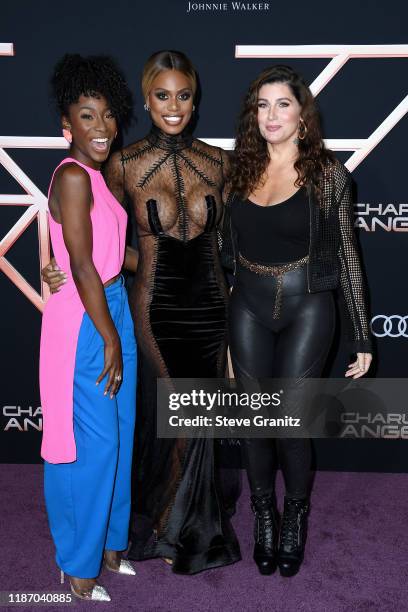 Angelica Ross, Laverne Cox, and Trace Lysette attend the premiere of Columbia Pictures' "Charlie's Angels" at Westwood Regency Theater on November...