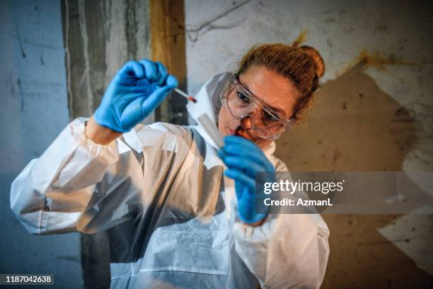 forensic scientist collecting blood sample at crime scene - criminal justice stock pictures, royalty-free photos & images