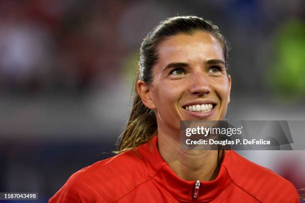 Tobin Heath of the U.S. Woman's national soccer team looks on prior to the game against the Costa Rica woman's national soccer team at TIAA Bank...
