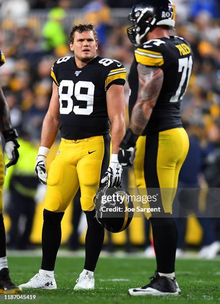 Vance McDonald of the Pittsburgh Steelers looks on during the game against the Los Angeles Rams at Heinz Field on November 10, 2019 in Pittsburgh,...