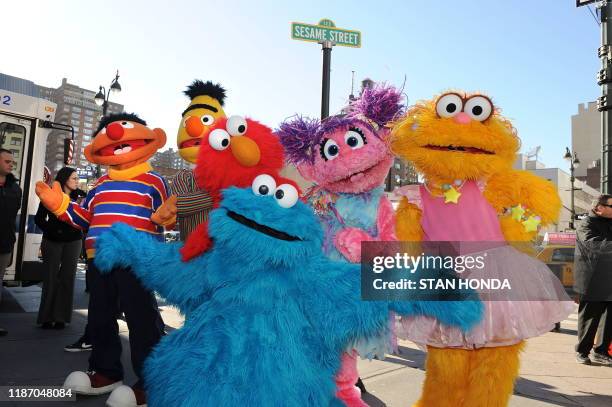 In this file photo taken on February 04, 2010 Sesame Street Live characters Ernie, Bert, Elmo, Abby Cadabby, Zoe and Cookie Monster celebrate the...