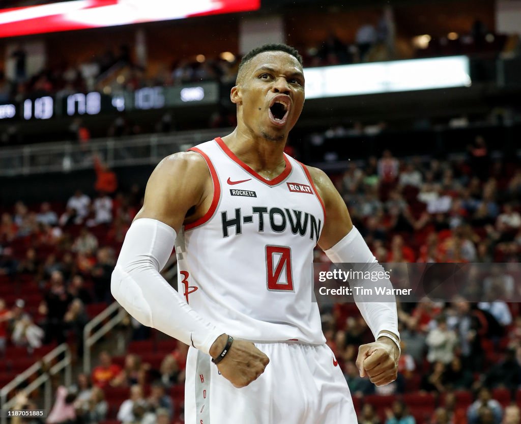 Russell Rockets Basketball Russell Westbrook of the Houston Rockets reacts after a basket in the ...