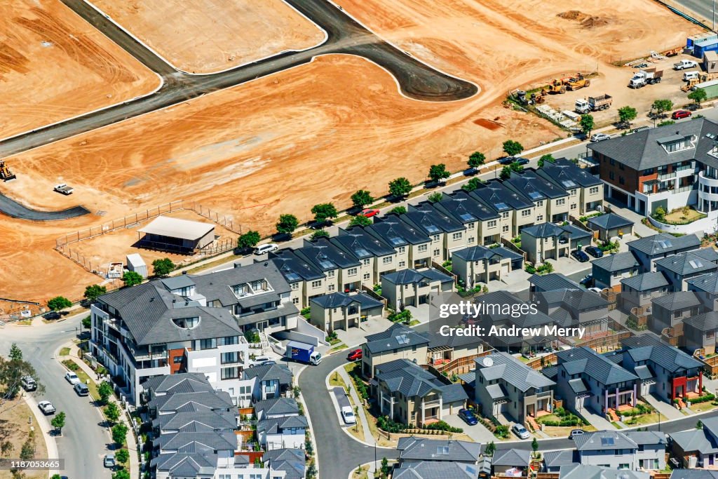 New housing development with abstract pattern in dirt, Sydney, Australia, aerial photography