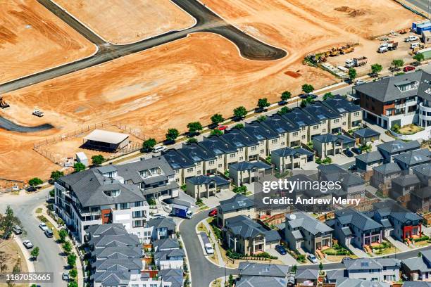 new housing development with abstract pattern in dirt, sydney, australia, aerial photography - apartment australia stockfoto's en -beelden