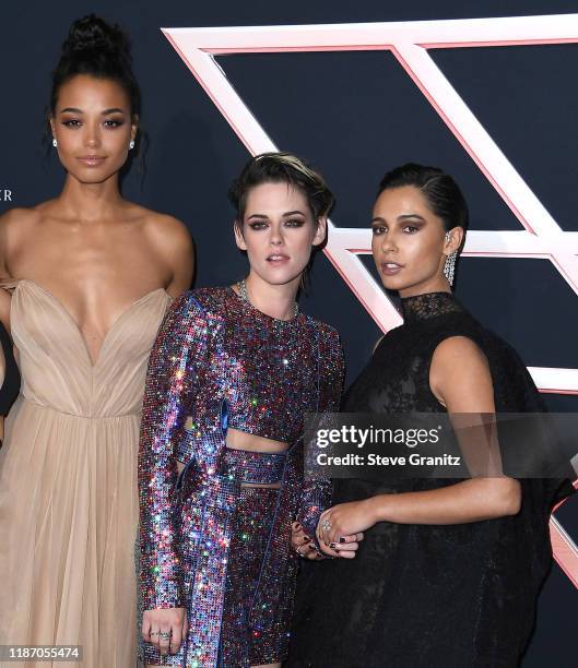 Ella Balinska, Kristen Stewart, and Naomi Scott arrives at the Premiere Of Columbia Pictures' "Charlies Angels" at Westwood Regency Theater on...