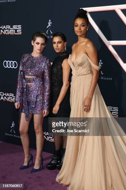 Kristen Stewart, Naomi Scott and Ella Balinska arrive at the premiere of Columbia Pictures' "Charlie's Angels" at Westwood Regency Theater on...