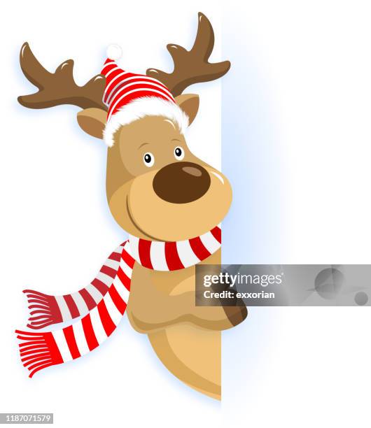 ilustraciones, imágenes clip art, dibujos animados e iconos de stock de señalamiento de renos de navidad - reindeer