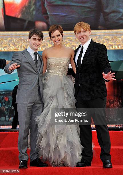 Actor Daniel Radcliffe, actress Emma Watson and actor Rupert Grint attend the "Harry Potter And The Deathly Hallows Part 2" world premiere at...
