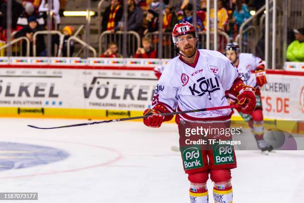 Alexander Barta of Dueseldorfer EG looks on during the DEL match between Dueseldorfer EG and Augsburger Panther at ISS Dome on December 06, 2019 in...