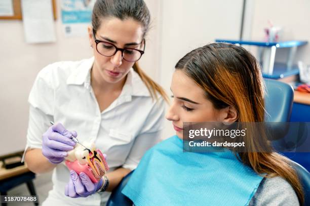 tandläkare som förklarar vad tand hålan ser ut - endodonti bildbanksfoton och bilder