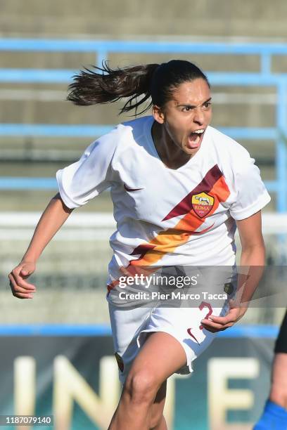 Andressa Alves Da Silva of AS Roma Women celebrates her first goal during the Women Serie A match between FC Internazionale and AS Roma at Campo...