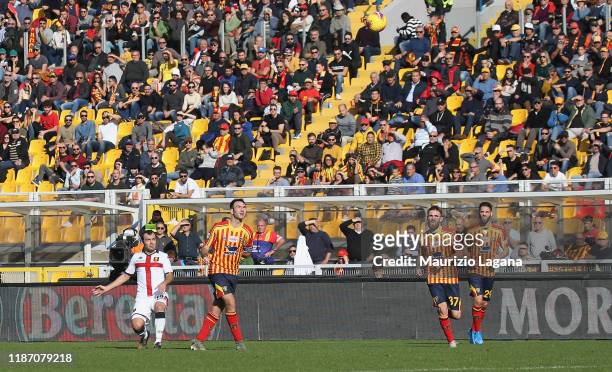 Goran Pandev of Genoa scores his team's opening goal during the Serie A match between US Lecce and Genoa CFC at Stadio Via del Mare on December 8,...