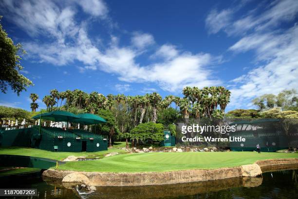 The ninth green is pictured ahead of the Nedbank Golf Challenge hosted by Gary Player at the Gary Player CC on November 12, 2019 in Sun City, South...