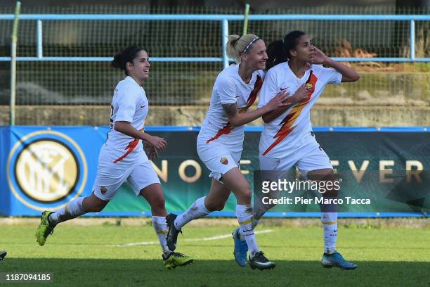 Andressa Alves Da Silva of AS Roma Women celebrates her second goal during the Women Serie A match between FC Internazionale and AS Roma at Campo...