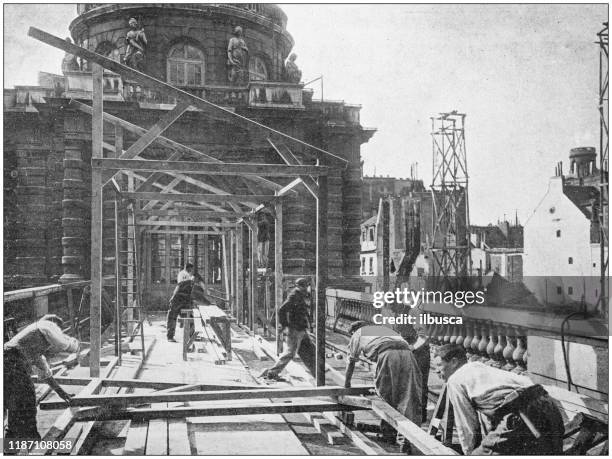 antique photo: construction site - old building stock illustrations