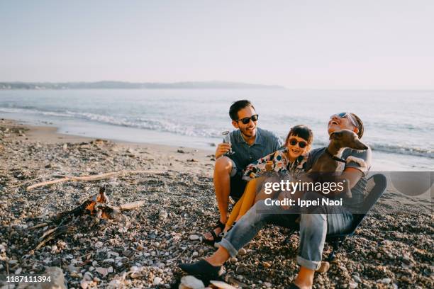 family with dog having fun at beach camping site - about you brand name stockfoto's en -beelden