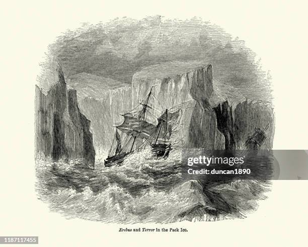 hms erebus and terror in the pack ice, 19th century - hms erebus stock illustrations