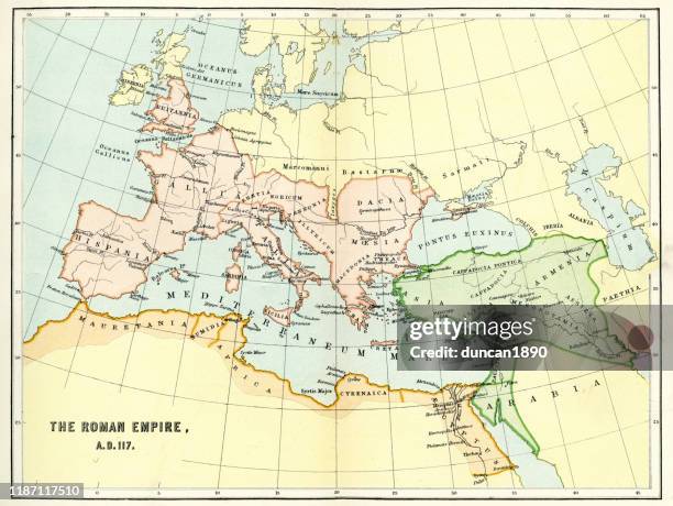 ilustraciones, imágenes clip art, dibujos animados e iconos de stock de mapa del imperio romano en el 117 d.c. - roma antigua