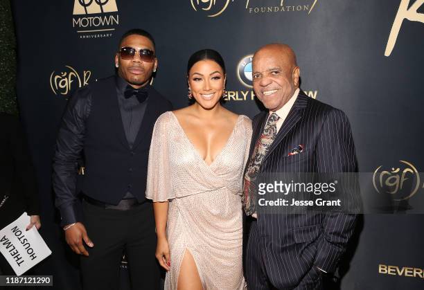 Nelly, Shantel Jackson and Berry Gordy attend the Ryan Gordy Foundation "60 Years of Motown" Celebration at the Waldorf Astoria Beverly Hills on...