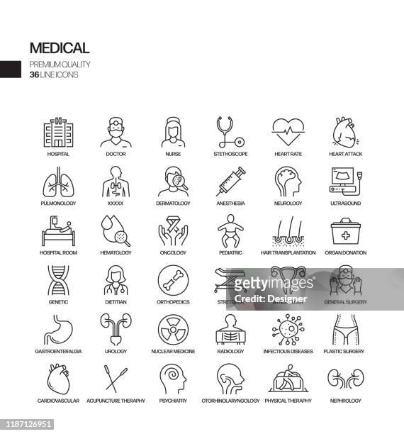 ilustraciones, imágenes clip art, dibujos animados e iconos de stock de conjunto simple de iconos de línea vectorial relacionados con la salud y médica. colección de símbolos de esquema. - cáncer tumor