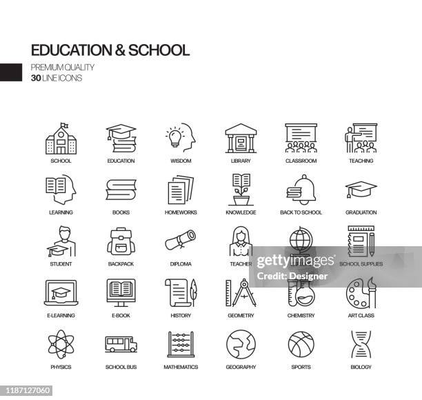 einfache satz von bildung und schule verwandte vektor linie icons. gliederungssymbolsammlung. - erwachsenenbildung stock-grafiken, -clipart, -cartoons und -symbole