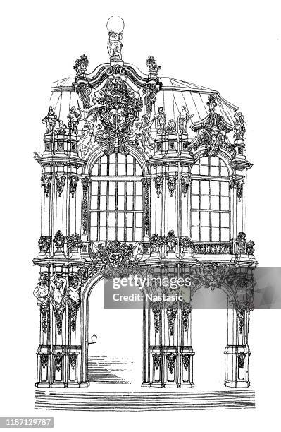 detail from the "zwinger" pavilion in dresden - sandstone stock illustrations