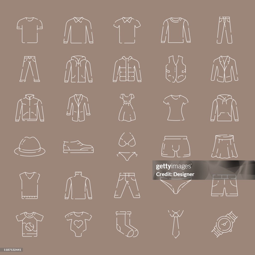 Simple ensemble de vêtements liés Vector Thin Line Icônes. Collection de symboles de contour.
