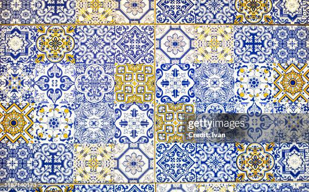 full frame of texture, colorful wall tiles - spansk kultur bildbanksfoton och bilder