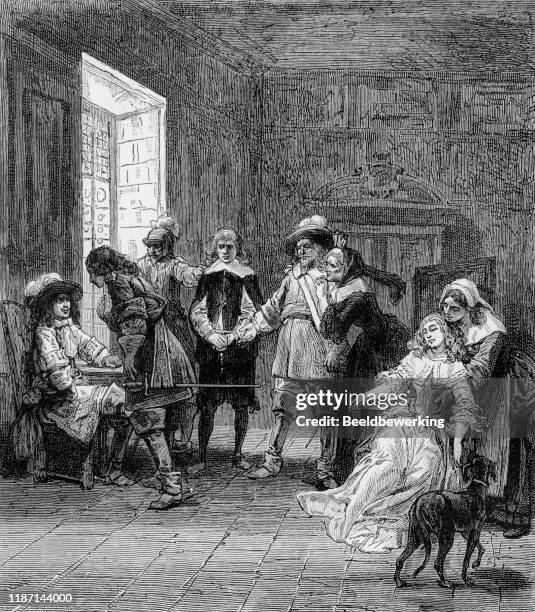 two soldiers and their puritain prisoner brought to the king - musketeer stock illustrations