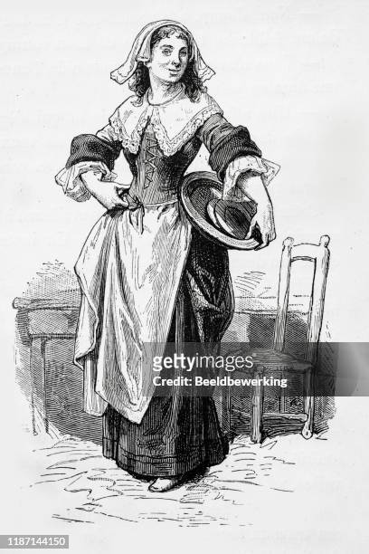 17th century maid with plates - corset stock illustrations