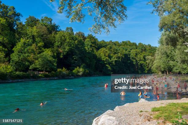 eichholz beach on aare river in bern, switzerland - bern stock pictures, royalty-free photos & images