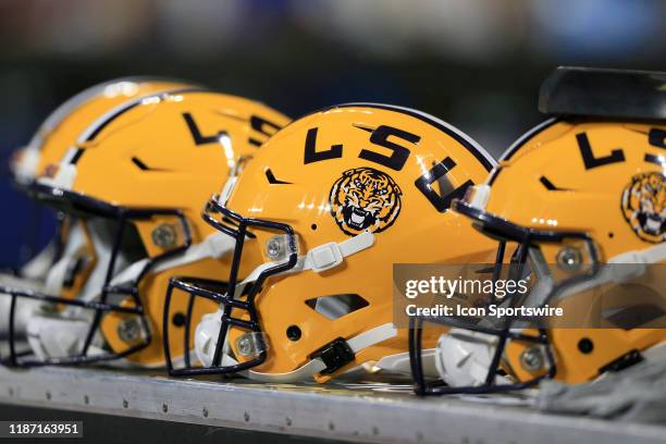 Tiger helmets on the bench during the SEC Championship Game between the UGA Bulldogs and the LSU Tigers on December 7, 2019 at the Mercedes-Benz...