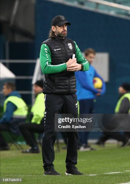 Roman Sharonov, head coach of FC Rubin Kazan gestures during the Russian Premier League match between PFC Sochi v FC Rubin Kazan at Fisht Stadium on...