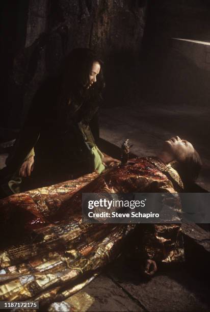 View of American actress Winona Ryder and English actor Gary Oldman in a scene from the film 'Bram Stoker's Dracula' , California, 1991.